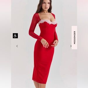 House of CB Red Lace Trim Midi Dress